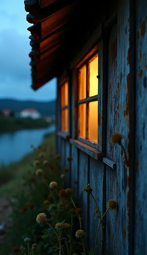 Close-up of Vila dos Ribeirinhos :  A piece of the riverside village at dusk ,  focusing on one of the small houses with weak light coming out the window.  There are rust marks and wear on the wood ,  with details of local plants and the dark sky in the ba...