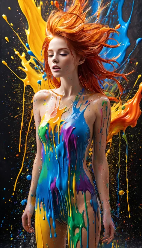 Ultra vivid colors, high contrast, brilliant colors, (level difference:1.8),(Paint colliding and splashing on the canvas),(depth of field),full body view of nude redhead, side face blends into it,((side face)),open mouth,(liquid paint rainbow hair:1.1) made of paint and defies gravity,thick flowing,(paint splatter:1.3),Liquid state,stunningly beautiful, masterpiece, detailed background,ultra high quality model, ethereal background,abstract beauty, explosive volumetric, oil painting,heavy strokes,Romantic lighting,Sub-Surface Scatterring,lens 135mm,f1.8,glow,8k,high resolution, dreamy,ray tracing,hdr,god rays,