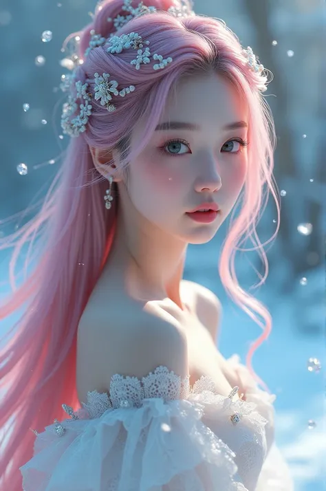 a realistic photo of a beautiful korean princess with white dress and long pink shiny hair, close-up, detail, fantasy background with snowy, wonderdul background, snow and little cristal ice are falling, soft blue vibe, soft photo, ice princess, realistic,...