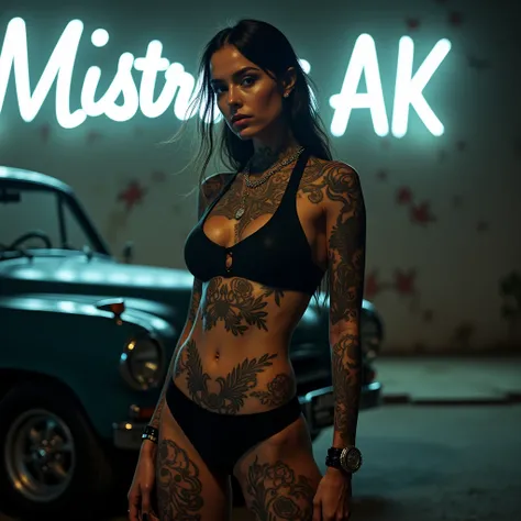 Fashion editoral photo A fully tattooed mafia woman in sportswear stands on the street next to an old car with Mistress AK written on the wall in white neon.