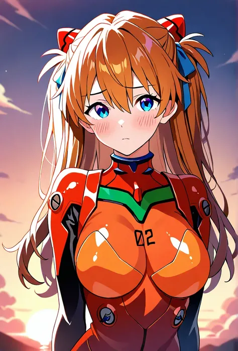 masterpiece, best quality, good quality, KanzakiAoi, 1girl, solo, long hair, brown hair, blue eyes, large breasts, hair ribbon, blush, looking at viewer, souryuu asuka langley costume, sunset,