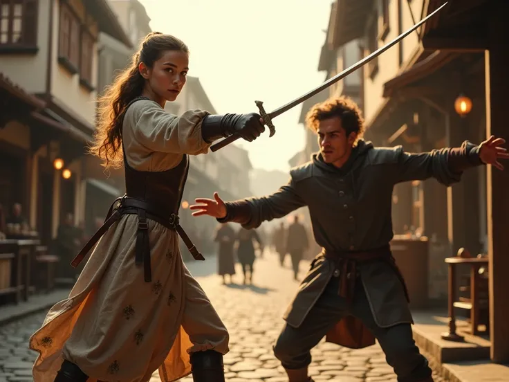 A high-resolution, Cinematic scene shows a dramatic sword fight between a 17-year-old female fighter in leather armor with brown hair and red eyes and a young male opponent in a medieval European city.  The young woman is wearing a mix of traditional city ...