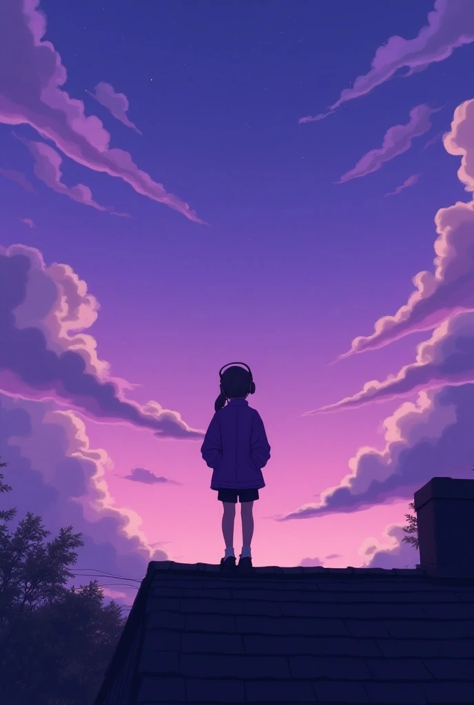 Woman on the roof of her house, Woman listening to music, Woman with headphone, Woman wearing cool style Purple jacket, Woman looking at the clouds, Woman worried about something, Purple sky, purple clouds, Woman admiring the sky, Shades of deep Purple and...