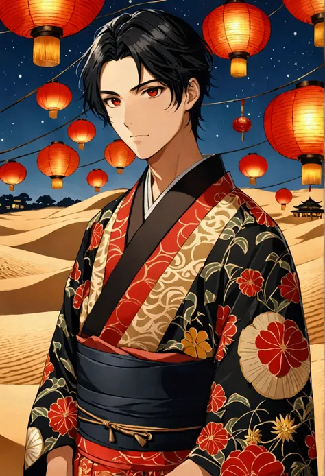 Young Man with black hair and Red eyes wearing an elegant kimono with the word Ernst, the background is dunes full of lanterns like festival