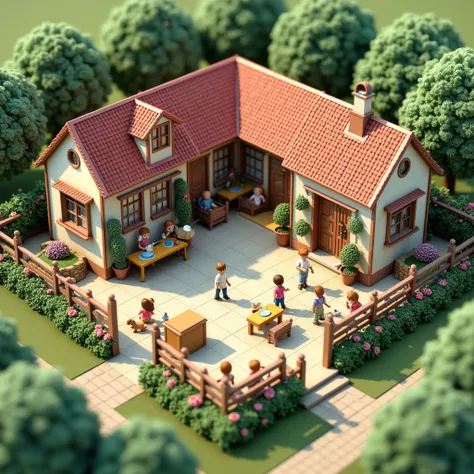 Create a realistic 3D plan: a country garden with 7 rooms with lots of crafts and lots of children, where in one of them you have dogs walking all over the room, and that around it are green areas , that inside and outside the place there are children play...