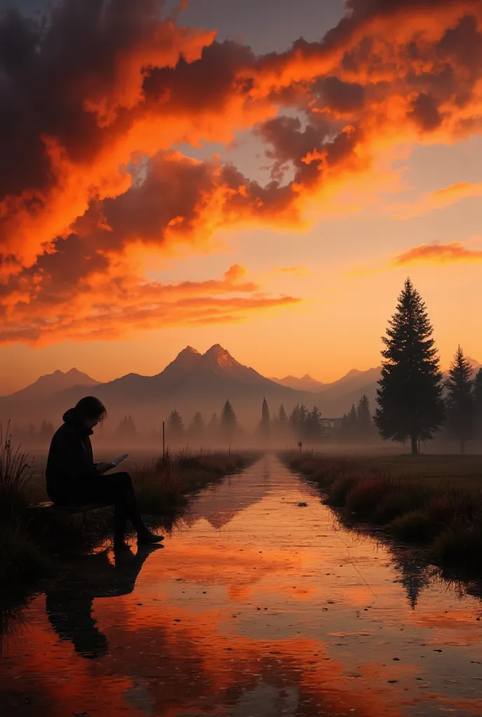 a captivating photo capturing the serenity of a sunset or sunrise, with a silhouette of a person sitting on a bench, deeply imme...