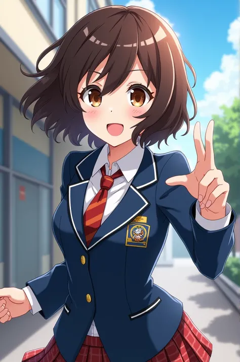  Screenshot My Hero Academia.
Girl with short wavy hair and bangs ,  has brown eyes and a cheerful expression and wears the UA uniform