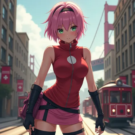 artwork, hyper realistic, Ultra HD 8K, kunoichi, pink hair, emerald green eyes, red sleeveless top, high collar, zipper, white circular design on the back, pink short skirt, black compression shorts, black gloves, black shinobi sandals, tied headband, shor...