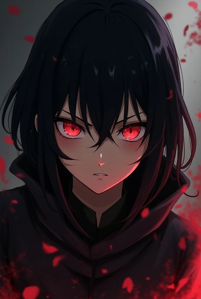 Create a female Jujutsu Kaisen anime character with black hair and bangs, red eyes, slim,  with a menacing look 