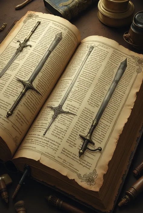  Pages from a medieval magic book .  A picture of medieval weapons and armor is depicted. Lots of text nearby .