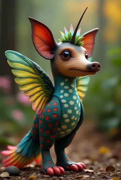  An alebrije with the face of a Yorshire terrier dog but instead of its nose it must have a hummingbird beak,  thick pig body but with feathers and spots hog feet with hooves  , large hummingbird wings and colorful pigtail . 