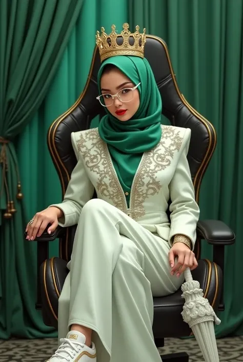 make me a 2D picture of a beautiful woman wearing a detailed green hijab, tall slim body, sharp chin with details, sexy red lips with details, wearing white glasses, wearing detailed white Muslim clothes, sitting on a gaming chair, wearing a royal crown an...