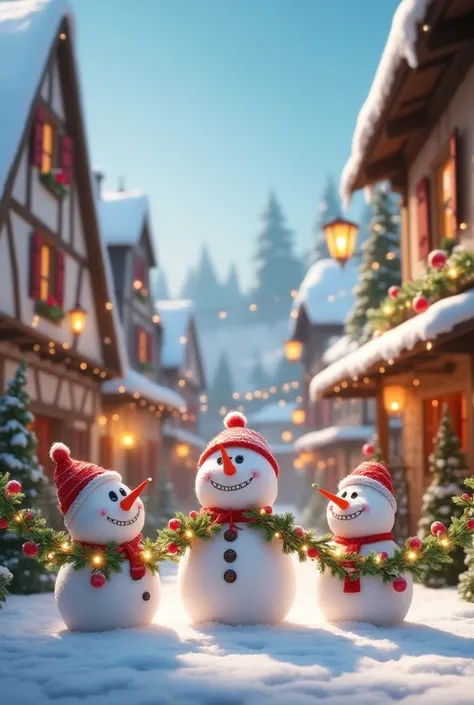  I need animated snowmen in La Vieve, with garlands ,  that say merry cristmas , Christmas. 