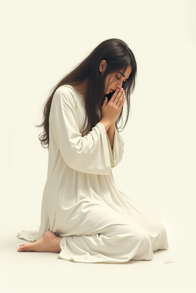  drawing of a girl dressed in white, praying kneeling  , with dark hair