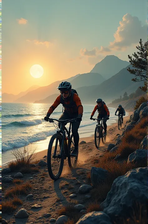 A Group of Mountain Bike Riders on the Seashore at Dusk and the Full Moon Rising 