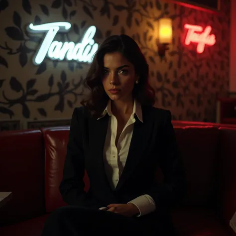 A mafia woman in a black suit and white shirt sits in a cafe in Italy waiting for a fight and Tandis is written on the wall in white neon.