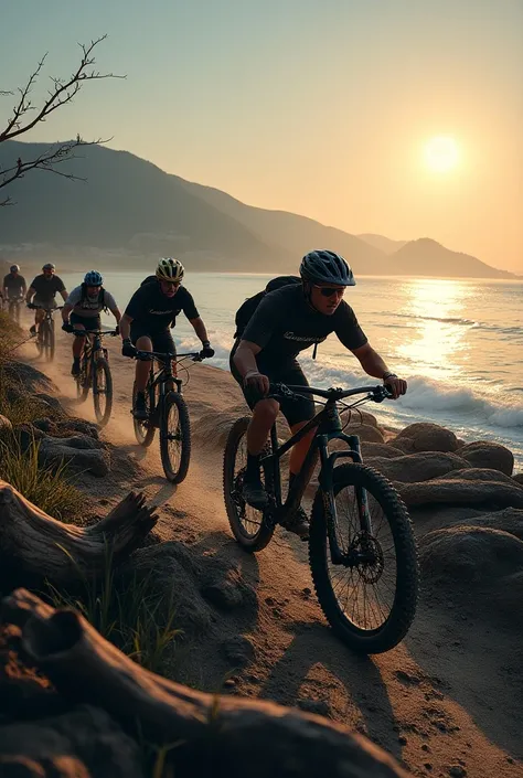 A Group of Mountain Bike Riders on the Seashore at Dusk and the Full Moon Rising 