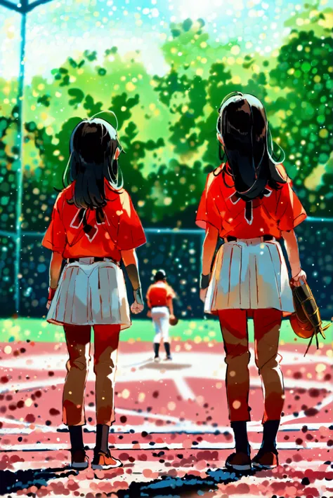 Baseball field in the background、Japanese elementary school students batting in baseball。 uniform seen from the bottom of the front is dark red 。The trousers are white。The 、A powerful composition。