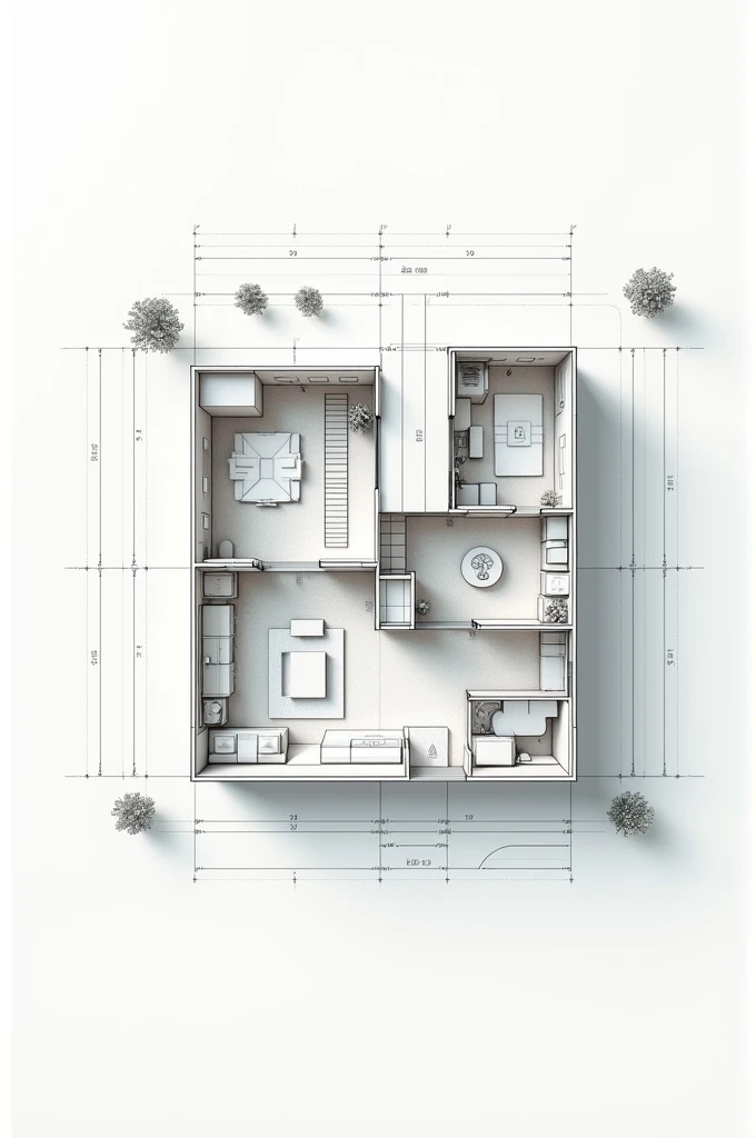 Generate an image that has a plan of a house and that is suitable for a modern house