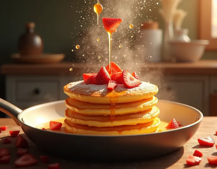  shows a golden pancake topped with honey and chopped strawberries.  The ingredients fall from above in order . FIRST,  the flour falls into powder into the mixture . Then,  the milk flows in a white stream towards the pancake . After, the eggs fall , brea...