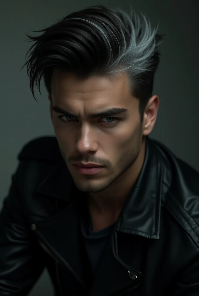 a handsome boy, 20 years old, with black and white hair, striking hunter eyes, serious facial expression, wearing a black leather jacket, (best quality,4k,8k,highres,masterpiece:1.2),ultra-detailed,(realistic,photorealistic,photo-realistic:1.37),hyper-real...