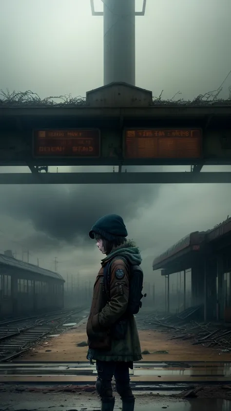  girl, teddy bear, train station, train, nuclear wasteland, plants regaining territory, desolation, eerie atmosphere, (dark and moody:1.4), (loneliness:1.ost-apocalyptic:1.2).