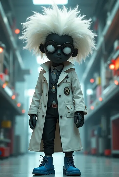 I want an image of a crazy scientist character with a black skin color, white hair,  crazy scientist outfit ,  White eyes, And blue shoes 