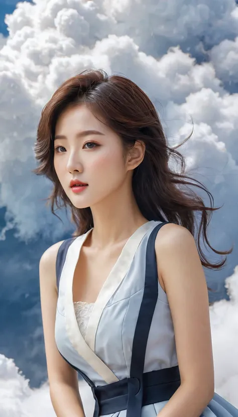  Closeup of beautiful Korean women,  34 inch bust size ,  medium length hair,  in a vest , Sit in the clouds