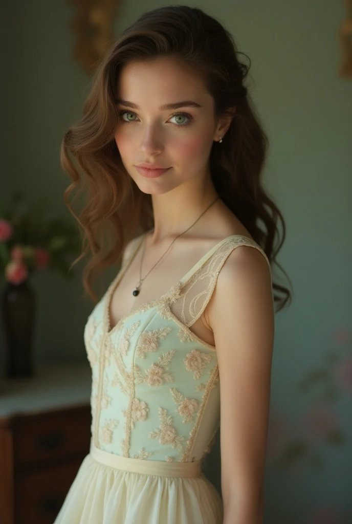 Image of a teenage girl with a vintage dress like in the 50s and beautiful hair, Full body looking from the front with vintage background  




