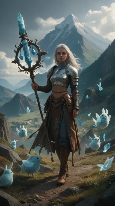 A mystical warrior with long silver hair, wearing leather armor with bright blue details. She holds a staff with floating crystals, surrounded by spirit animals on a sacred mountain.