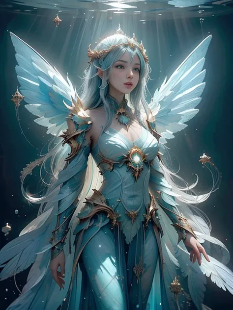 ((Need)), ((tmasterpiece)), (A detailed)),Futuristic translucent ethereal angel，Futuristic city and futuristic wonderland background of deep sea，The feathers are oversized and winged，suns，holy rays，The halo，Colorful rainbow，16k,UHD resolution，Simple compos...