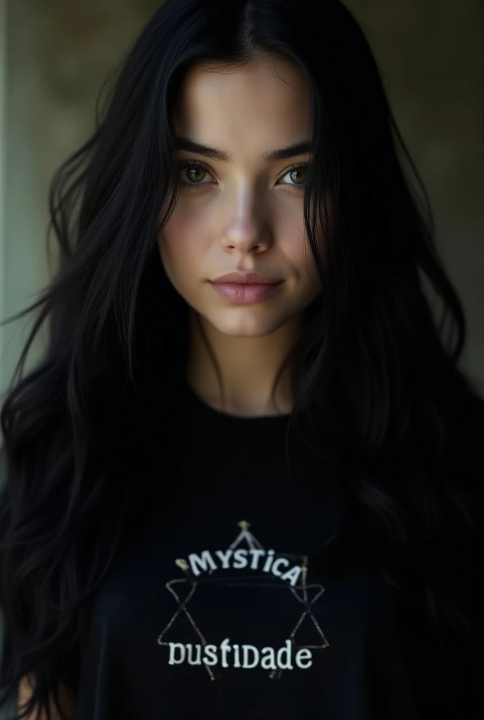 Beauty , fortune Teller,Wearing a black shirt with the logo written on it “Mística Prosperidade” White skin,cartomante, woman , 21 Years Old , long Black hair, looking straight at the camera, close,