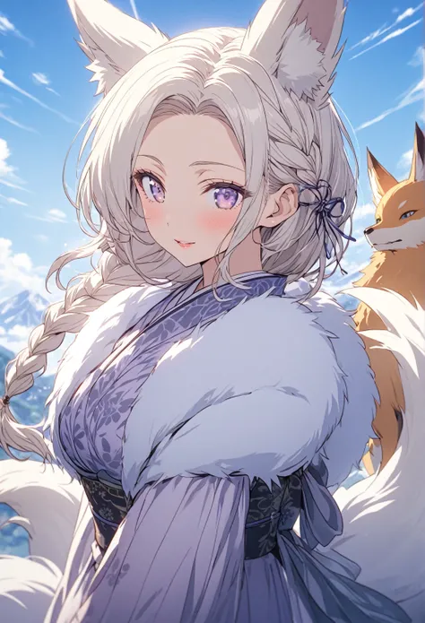 Portrait ((POV: Close Camera)) ((Motherly expression)) ((Mature woman)) ((Alone)) Create an anime-style image of Aiko, an elegant fox girl with a graceful aura. She has long, white hair styled in a side braid, soft, fluffy fox ears, and light purple eyes t...