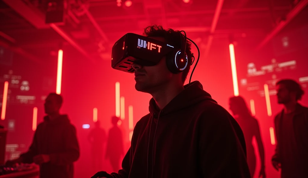 A person using a modern headset in a futuristic setting, dominated by tones of red and black. The environment is dark and vibrant, with red neon lights and technological details in the background, reminiscent of an electronic music atmosphere. LED lines an...