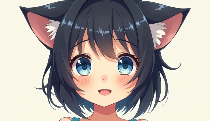  blue eyes,  a casual cat ear small smile, tongue, Single black hair

In the style of painting by Yasuhiro Kano 