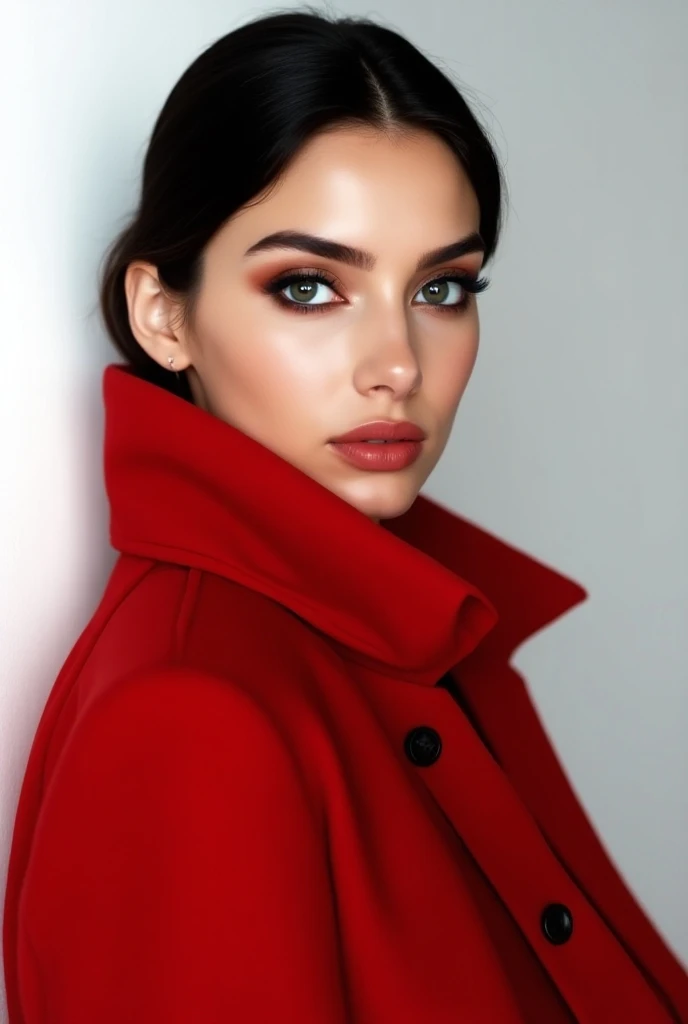 A girl with black hair and a red coat, a beautiful face with concentrated makeup and beautiful eyes on a white background, a sophisticated modern fashion show, 