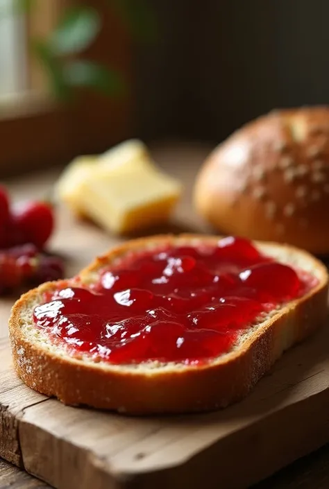  Create the image of wholemeal bread ,  spread with red fruit jam . The image must be hyper-realistic ,  as if taken by a professional photographer,  and should be on a warm and welcoming background ,  according to a family theme .