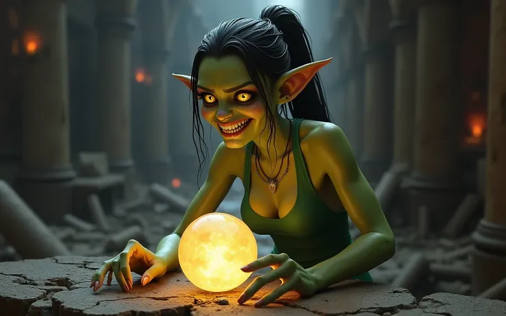 beautiful evil sexy goblin sorceress placing her hands upon a crystal ball resting on an altar, dimly lit ruins, green skin tone, long pointy ears, shocked expression, big evil yellow eyes, big beautiful teeth, cute green tank top, cute stylish ponytail