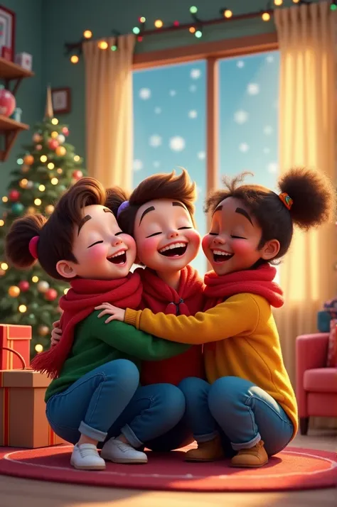 Generate a cartoon of 3 friends celebrating Christmas