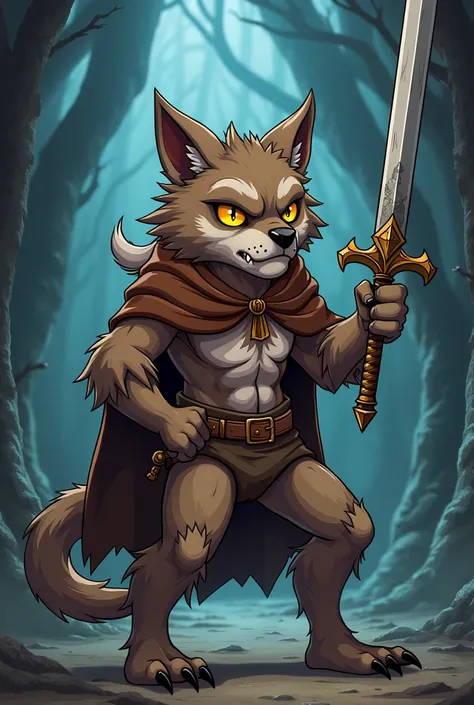 Create a werewolf boy . he is humanoid.  he has a sword and has a brown robe.  hes not happy . Cartoon style