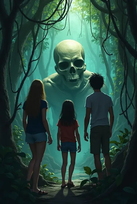 Horror jungle with friends one friend is going close to human skull head
