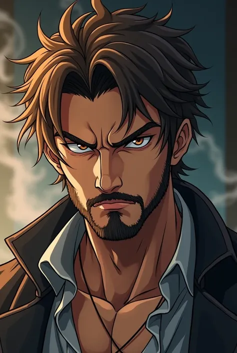 Create an image of an anime character  , smoker,  with a beard and short brown hair