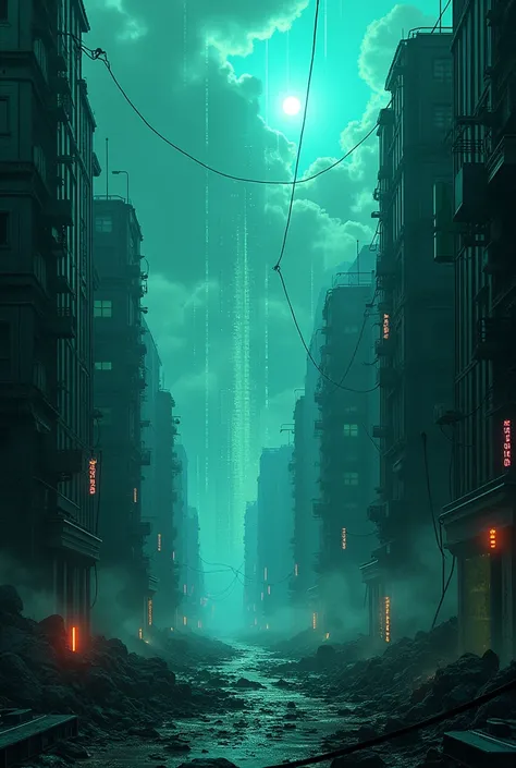 A dystopian and anachronistic world, post-punk and post-apocalyptic in style. The scene shows a futuristic and gloomy city in ruins, immersed in dark shades of blue and neon green, as if it were wrapped in a web of digital lies. Decaying buildings and expo...