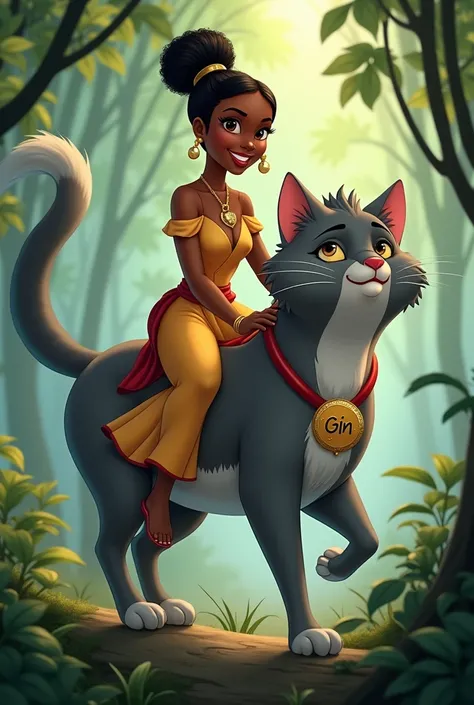 Princess Tiana riding a gray cat with a necklace that says Gin