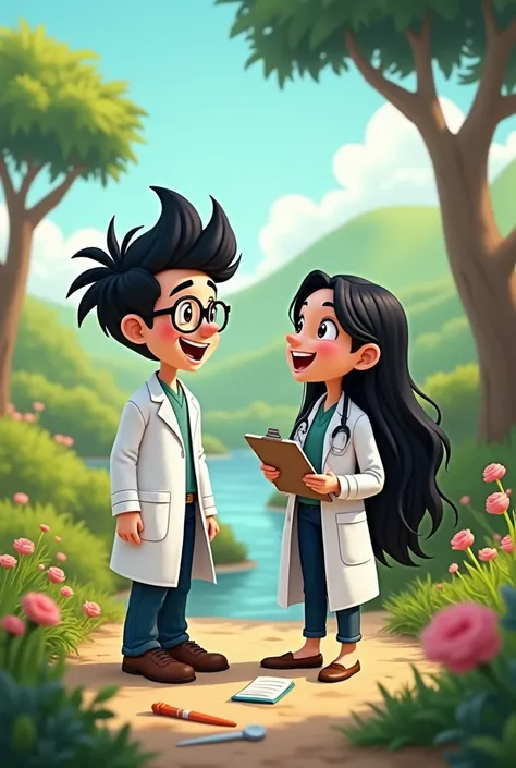 Two Disney cartoon friends .  The first is a white boy with tall black hair who wears glasses and is a dentist.  The second is a white girl with long black hair , of shorter height and she is a psychologist ,  do them in a landscape they are best friends  