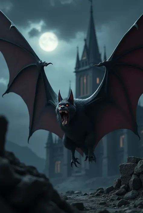 Create a bat and a zebra with realistic graphics  ,  that the bat is roaring in diabolical style and in the background a dark night with a castle in the background 