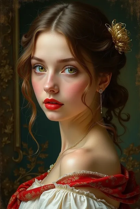 (best quality,4k,8k,high resolution,masterpiece:1.2),ultra-detailed,(realistic painting,photorealistic,photorealistic:1.37),In the portrait of this charming Polish woman with full red lips, from the high society of the Georgian era, every brush stroke capt...