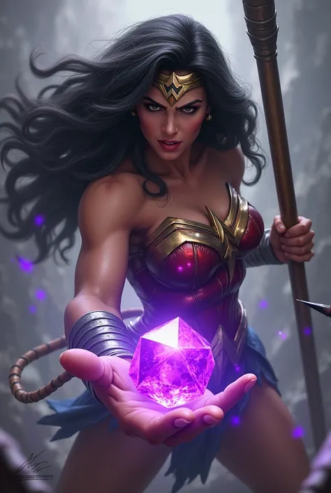 Wonder woman He has a long hammer in his hand And there is a purple stone in the middle of the palm  And she is attacking a monster in anger