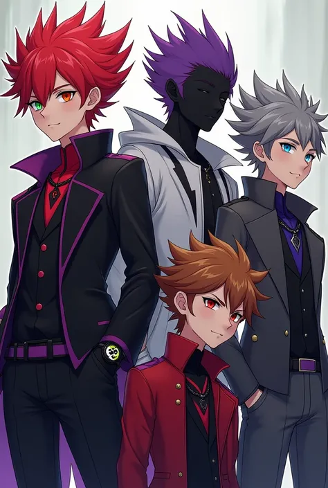 a boy with red hair red eyes and black clothes with red ,  a boy with purple hair green eyes and black clothes with purple ,  a faceless boy blue eyes and white clothes with black ,  a boy with pointed gray hair black eyes and gray clothes ,  and a boy wit...