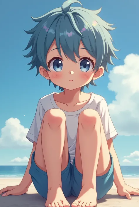 Anime boy, cute, bare feet, focus on soles, blue hair